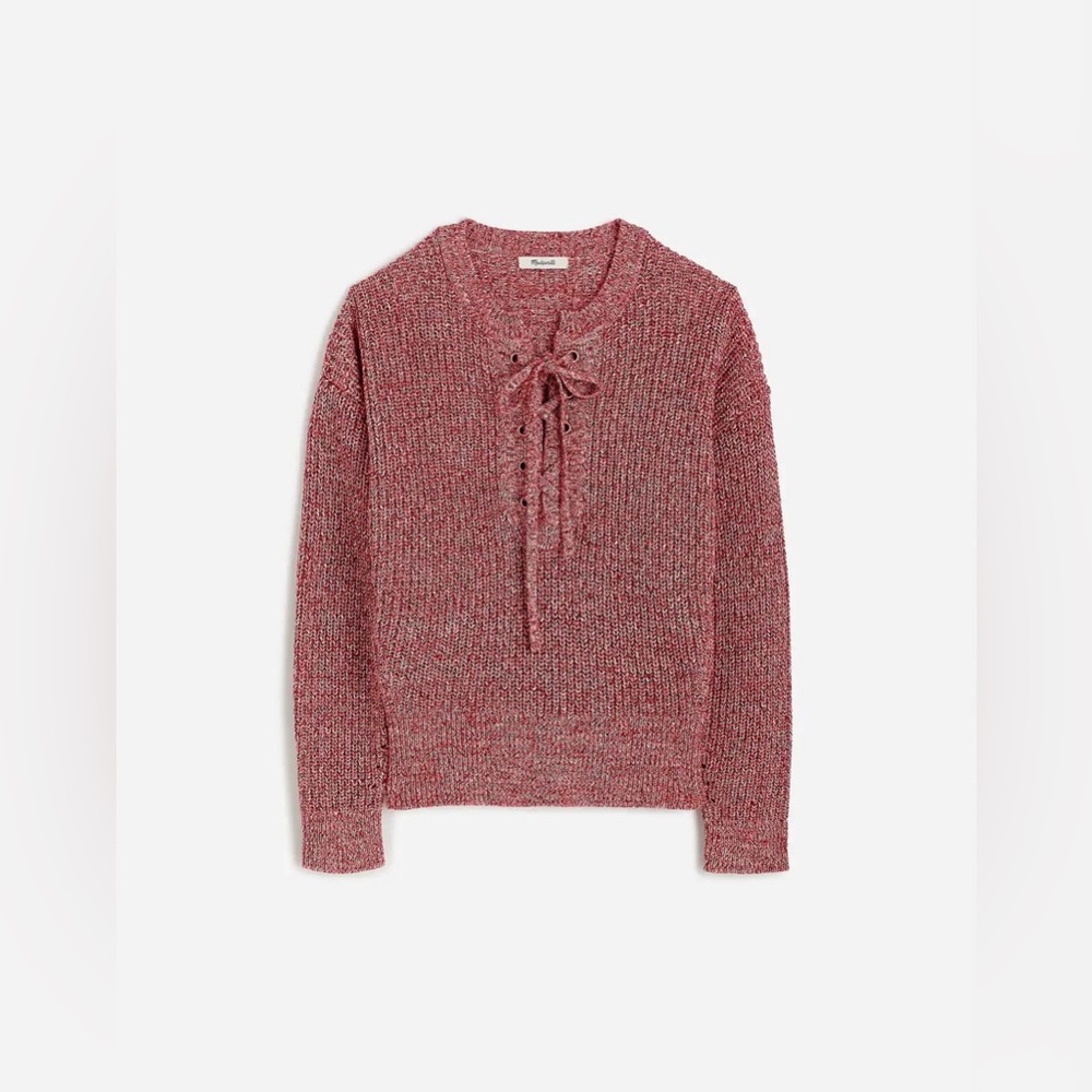 Madewell Marled Ribbed Lace-Up Sweater in red size medium